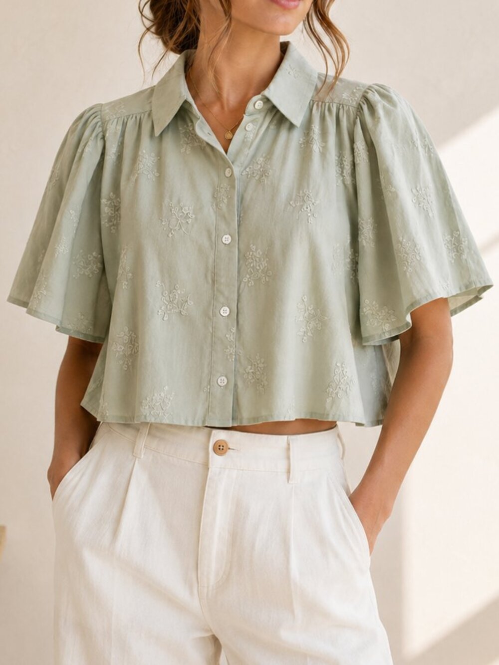 Caroline Constas Sage Green Embroidered Cropped Cotton Button Up Shirt Size M